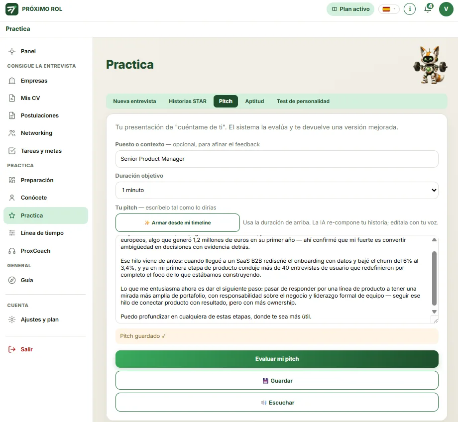 Armador de pitch en Próximo Rol con la estructura Presente, Pasado y Futuro