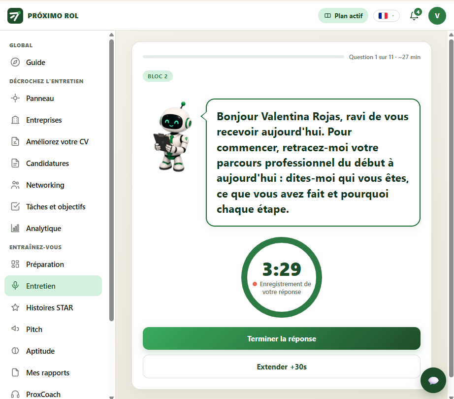 Entretien à l'oral en cours : le recruteur IA pose une question et enregistre votre réponse avec un minuteur