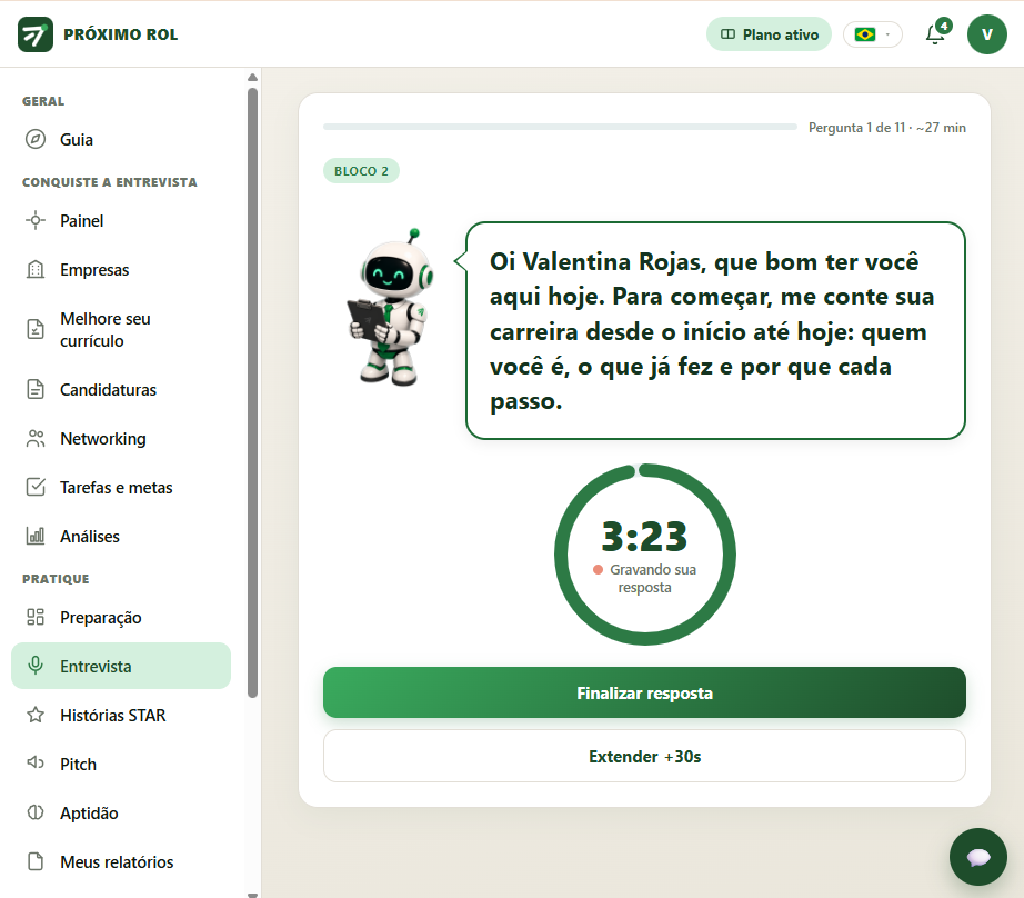Entrevista de prática em inglês em andamento — captura do produto