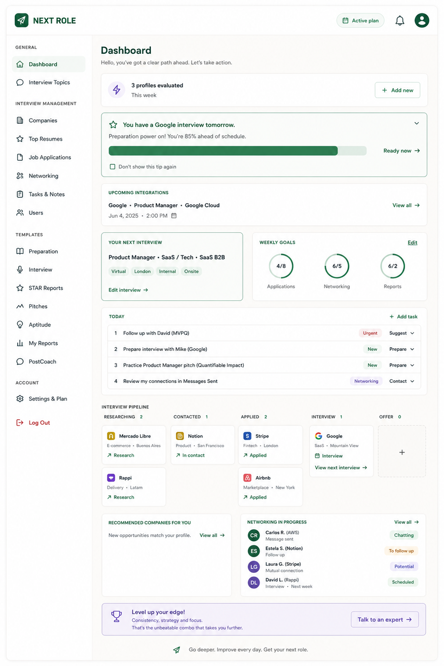 The Próximo Rol dashboard: your next best action, company pipeline and weekly goals