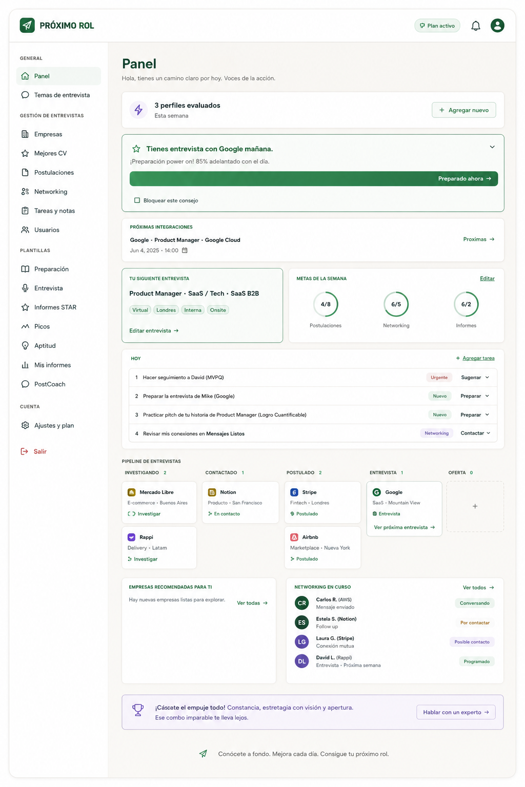 Le Tableau de bord de Próximo Rol : votre meilleure action suivante, votre pipeline d'entreprises et vos objectifs